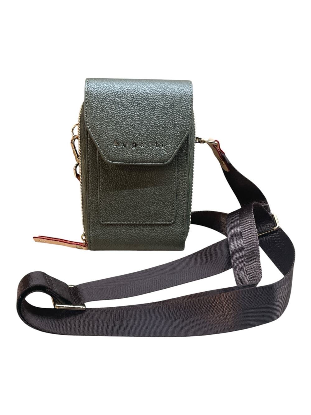 Bugatti Crossbody Phone Wallet Bag Green Pebbled Faux Leather Adjustable